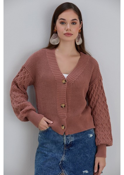 Kadın Balon Kol Örgü Desenli Crop Triko Hırka fiyatları