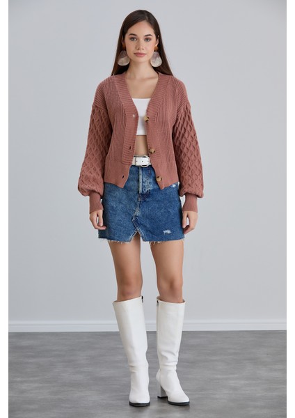 Kadın Balon Kol Örgü Desenli Crop Triko Hırka fırsatları