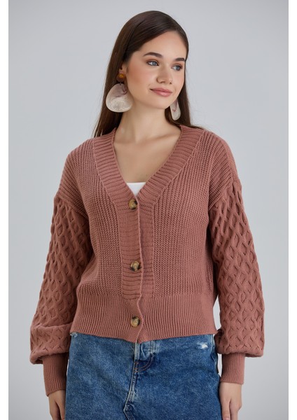 Kadın Balon Kol Örgü Desenli Crop Triko Hırka indirimleri