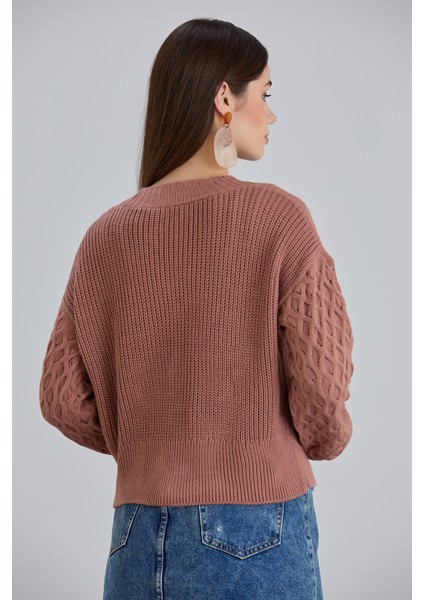 Kadın Balon Kol Örgü Desenli Crop Triko Hırka