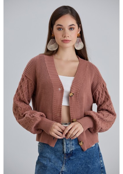 Kadın Balon Kol Örgü Desenli Crop Triko Hırka