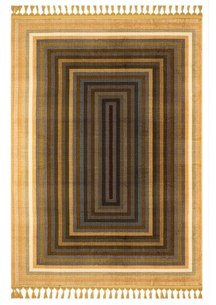 Pratyaksh Kahverengi Çerçeveli Etnik Modern Desenli Bambu Makinada Yıkanabilir Hav Toz Vermez Leke Tutmayan Kaymaz Taban Dijital Makine Baskı Salon Yolluk Mutfak Halı