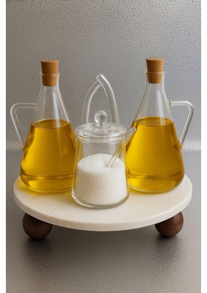 Mermer Standlı Borosilikat Cam Glazzy Yağlık & Tuzluk 3'lü Elegan Mutfak Seti