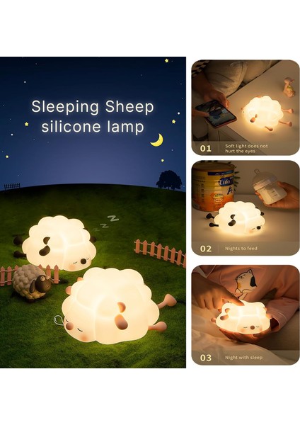 Çocuk Bebek Odası Koyun Gece Lambası LED Işıklı Sevimli Figürlü Dokunmatik Silikon Pet Şarjlı