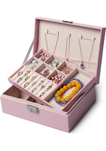 Geniş Kapasiteli Takı Düzenleyici Kutusu - Kilitli Kadife Iç Astar