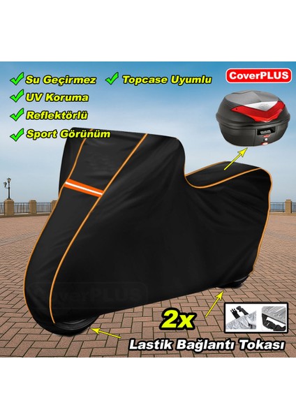 Reflektörlü Siyah Turuncu Dikişli Rks Pride 125 Pro Arka Çanta Uyumlu Branda Motosiket Brandası Motor Örtüsü Çadır Su Geçirmez Motosiklet Kılıfı Motor Brandası