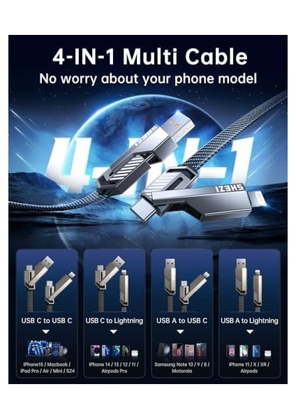 4'ü 1 Arada USB C Kablosu [45W Hızlı Şarj ve Veri Senkronizasyonu] Düz Örgülü USB C - USB C Şarj Kablosu L/tip C/usb A Çoklu Bağlantı Noktaları iPhone iPad MacBook Için - 1ft (Shezı modelleri