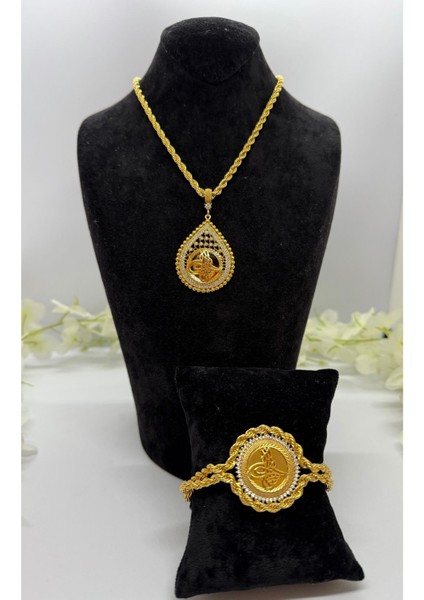 22 Ayar Altın Kaplama Taşlı Tuğra Set LVD518