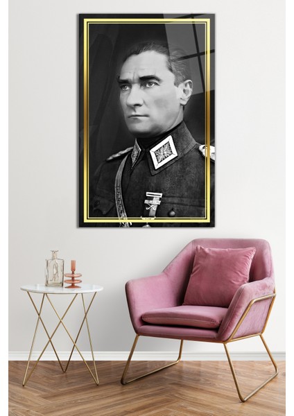 Gold Şeritli Üniformalı Gri Atatürk Portresi Cam Tablo, Darbelere Dayanıklı Kırılmaz Cam, Hediyelik fiyatları