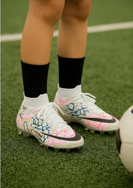 Çocuk Likralı Çoraplı Vinnex Spor Krampon Ayakkabı-Beyaz-Altın