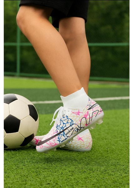 Çocuk Likralı Çoraplı Vinnex Spor Krampon Ayakkabı-Beyaz-Altın fiyatları