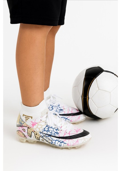 Çocuk Likralı Çoraplı Vinnex Spor Krampon Ayakkabı-Beyaz-Altın modelleri