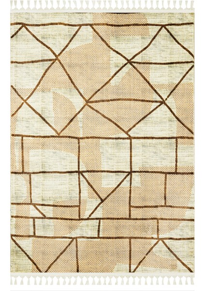 Pranesh Bej Geometrik Etnik Modern Desenli Bambu Makinada Yıkanabilir Hav Toz Vermez Leke Tutmayan Kaymaz Taban Dijital Makine Baskı Salon Yolluk Mutfak Halı