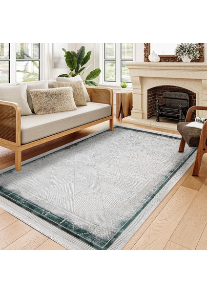 Çerçeveli Yeşil Pamuk Kare Modern Desenli Pamuk Makinada Yıkanabilir Hav Toz Vermez Leke Tutmayan Kaymaz Taban Dijital Makine Baskı Salon Yolluk Mutfak Halı fırsatları