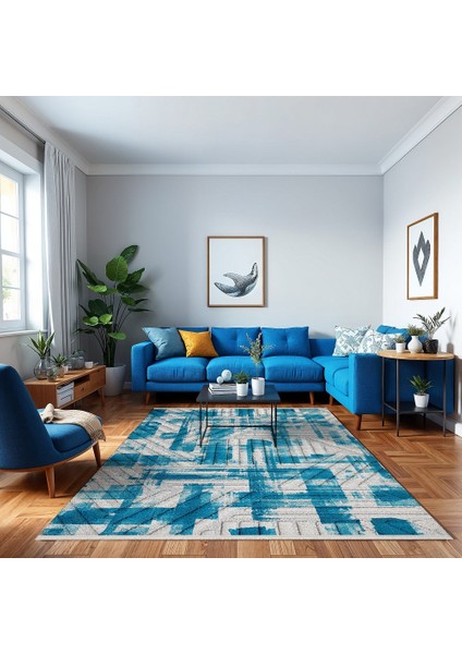 Geometrik Mavi Pamuk Kare Modern Desenli Pamuk Makinada Yıkanabilir Hav Toz Vermez Leke Tutmayan Kaymaz Taban Dijital Makine Baskı Salon Yolluk Mutfak Halı