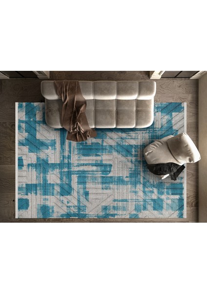 Geometrik Mavi Pamuk Kare Modern Desenli Pamuk Makinada Yıkanabilir Hav Toz Vermez Leke Tutmayan Kaymaz Taban Dijital Makine Baskı Salon Yolluk Mutfak Halı fiyatları