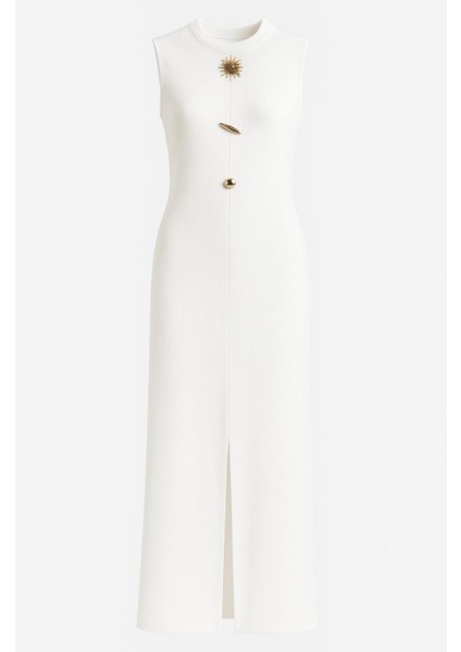 Aksesuar Detaylı Ottoman Kumaş Önü Yırtmaçlı Uzun Kalem Elbise modelleri