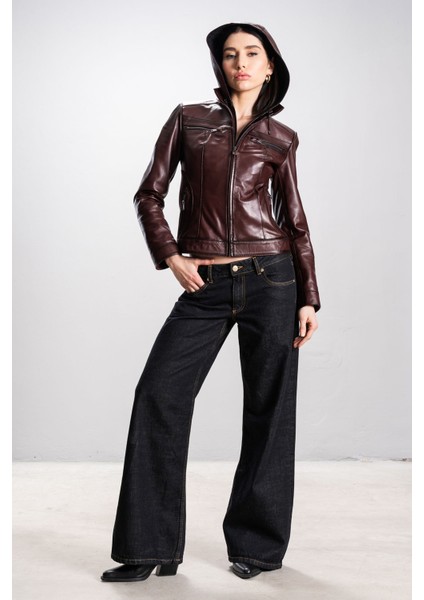 Harper Kadın Kapüşonlu Slimfit Hakiki Deri Mont Bordo modelleri