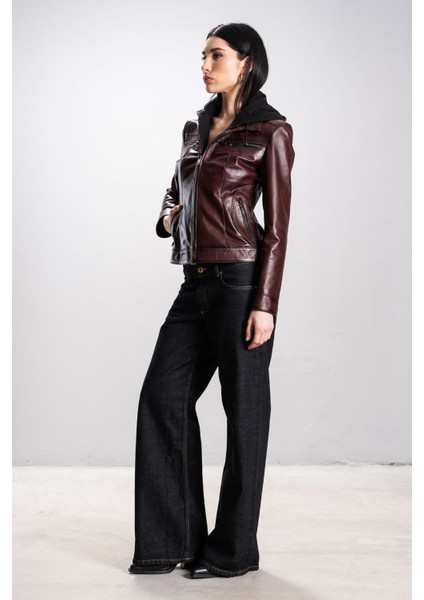 Harper Kadın Kapüşonlu Slimfit Hakiki Deri Mont Bordo fırsatları