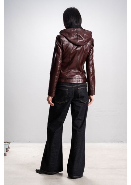 Harper Kadın Kapüşonlu Slimfit Hakiki Deri Mont Bordo indirimleri