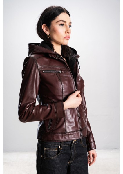 Harper Kadın Kapüşonlu Slimfit Hakiki Deri Mont Bordo