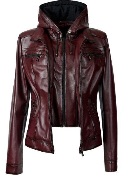 Harper Kadın Kapüşonlu Slimfit Hakiki Deri Mont Bordo