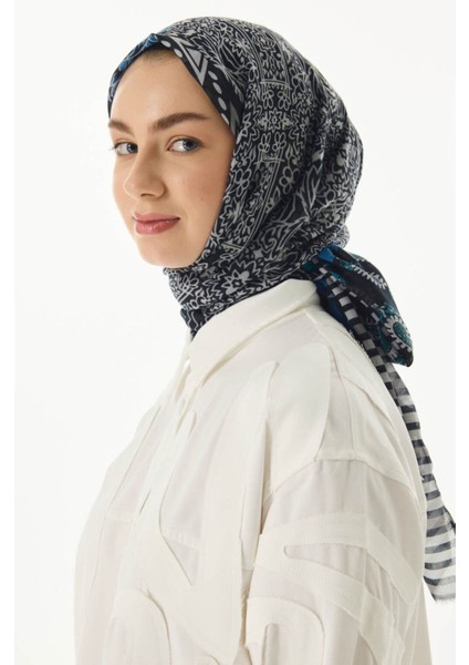 Adalie Etnik Çiçek Desen Petrol Pamuklu Şal