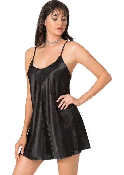 Siyah Kısa Saten Gecelik