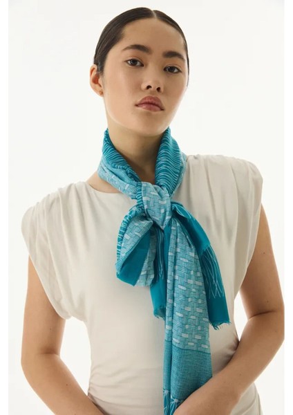 Aria Çizgi Desen Petrol Yeşil Pamuklu Şal
