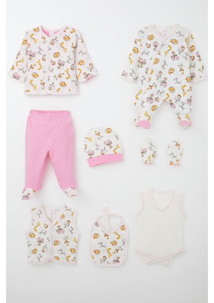 Kız Bebek Hastane Çıkışı 8 Li Safari Macerası Sevimli Hayvancıklar Desenli 0-3 Ay, Ekru