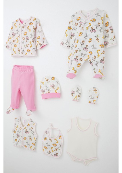 Kız Bebek Hastane Çıkışı 8 Li Safari Macerası Sevimli Hayvancıklar Desenli 0-3 Ay, Ekru fiyatları