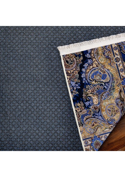 Lacivert Klasik Etnik Modern Desenli Pamuk Makinada Yıkanabilir Hav Toz Vermez Leke Tutmayan Kaymaz Taban Dijital Makine Baskı Salon Yolluk Mutfak Halı indirimleri