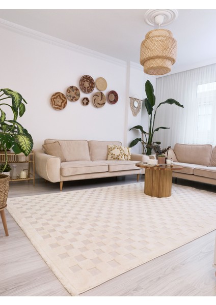 Exie Krem Geometrik Etnik Modern Desenli Hav Vermeyen Leke Tutmayan Kolay Temizlenen Yumuşak Makine Salon Yolluk Mutfak Halı