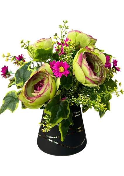 Yeşil-Mürdüm Şakayık Aranjmanı Siyah Cam Vazoda 30X30 cm | Dekoratif Vazolu Yapay Çiçek & Hediye Seçeneği