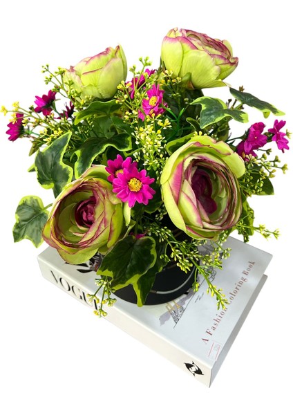 Yeşil-Mürdüm Şakayık Aranjmanı Siyah Cam Vazoda 30X30 cm | Dekoratif Vazolu Yapay Çiçek & Hediye Seçeneği modelleri