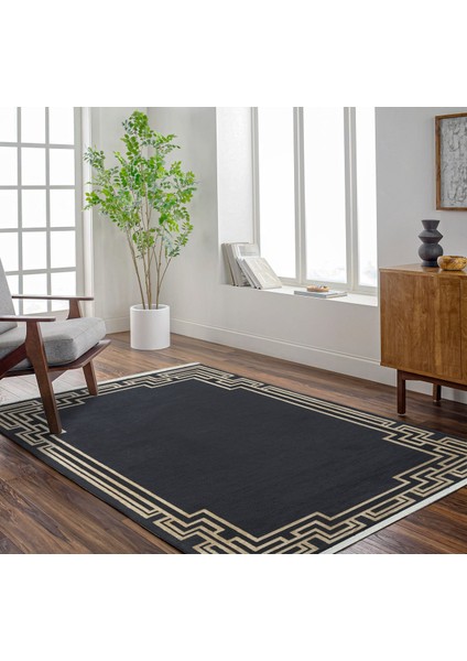 Siyah Çerçeveli Etnik Modern Desenli Pamuk Makinada Yıkanabilir Hav Toz Vermez Leke Tutmayan Kaymaz Taban Dijital Makine Baskı Salon Yolluk Mutfak Halı modelleri