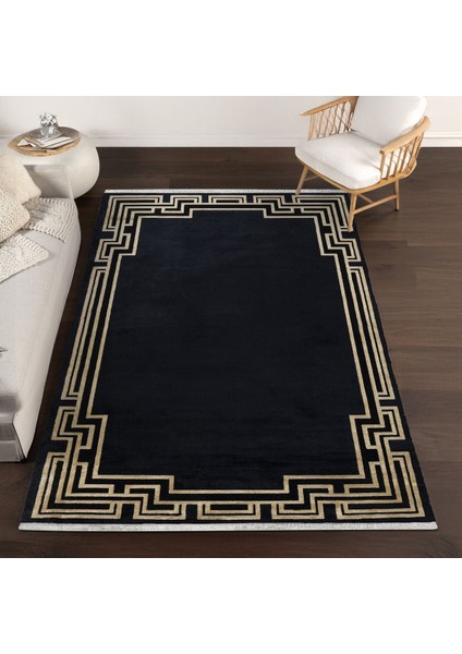 Siyah Çerçeveli Etnik Modern Desenli Pamuk Makinada Yıkanabilir Hav Toz Vermez Leke Tutmayan Kaymaz Taban Dijital Makine Baskı Salon Yolluk Mutfak Halı fırsatları