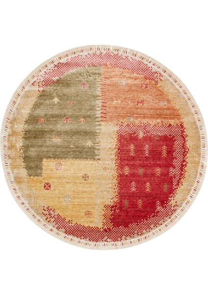 Geometrik Sarı Tensel Daire Modern Desenli Akrilik Hav Vermeyen Leke Tutmayan Kolay Temizlenen Yumuşak Makine Salon Yolluk Mutfak Halı