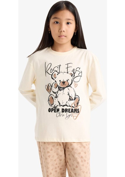 Kız Çocuk Pijama Takımı Baskılı Uzun Kollu Üst Desenli Uzun Alt F6216A825WN fırsatları