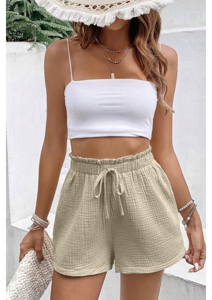Kadın Cotton Müslin Tatil Ev Içi/dışı Kullanım Cepsiz Beli Bağcıklı Şort