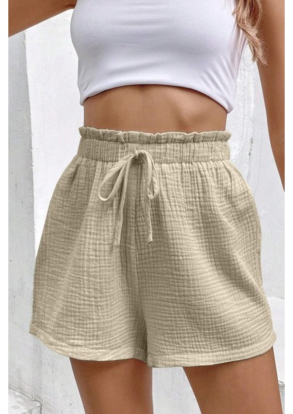 Kadın Cotton Müslin Tatil Ev Içi/dışı Kullanım Cepsiz Beli Bağcıklı Şort modelleri