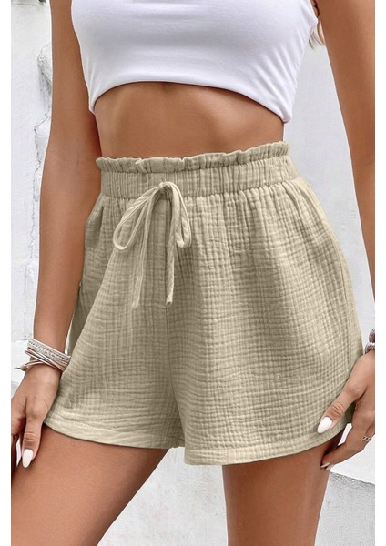 Kadın Cotton Müslin Tatil Ev Içi/dışı Kullanım Cepsiz Beli Bağcıklı Şort fırsatları