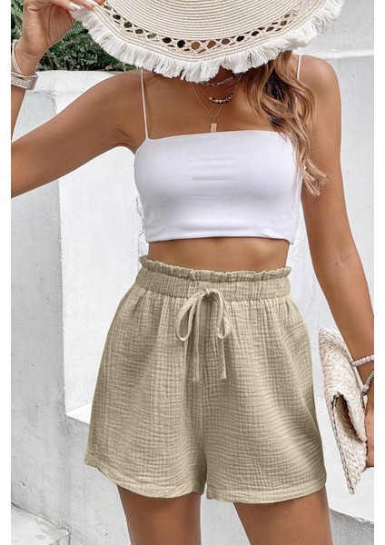 Kadın Cotton Müslin Tatil Ev Içi/dışı Kullanım Cepsiz Beli Bağcıklı Şort indirimleri