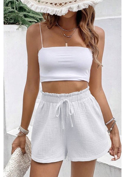 Kadın Cotton Müslin Tatil Ev Içi/dışı Kullanım Cepsiz Beli Bağcıklı Şort