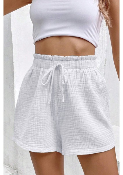 Kadın Cotton Müslin Tatil Ev Içi/dışı Kullanım Cepsiz Beli Bağcıklı Şort modelleri