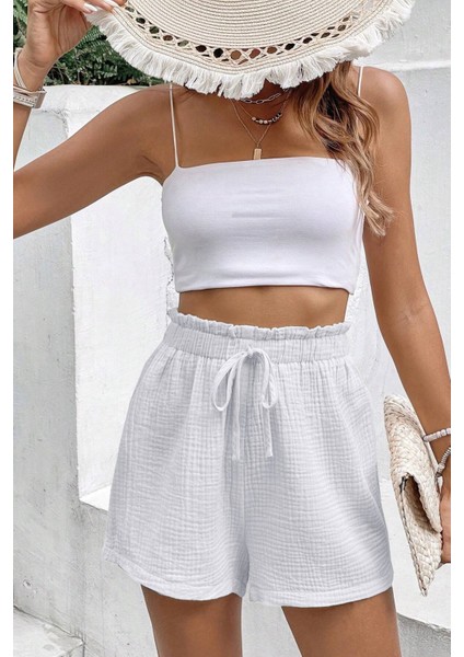 Kadın Cotton Müslin Tatil Ev Içi/dışı Kullanım Cepsiz Beli Bağcıklı Şort indirimleri