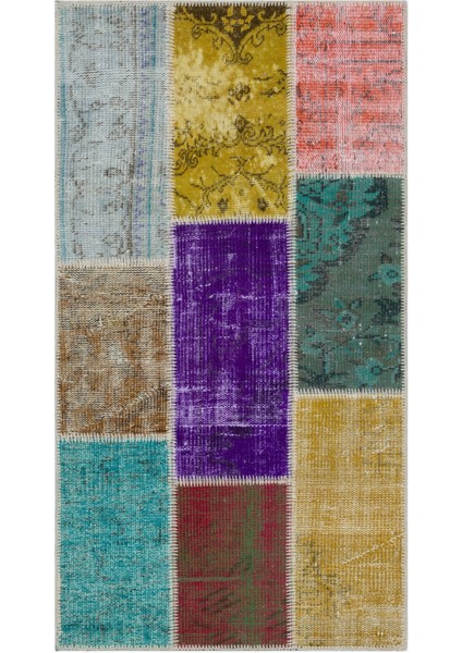 Teselya Turkuaz Patchwork Yün Modern Desenli Yün Hav Toz Vermez Leke Tutmayan Salon Yolluk Mutfak El Dokuma Halı