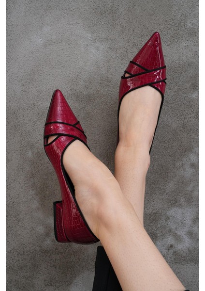 Bordo Baskılı Rugan 2 cm Topuk Sivri Burun Stiletto Topuklu Ayakkabı indirimleri