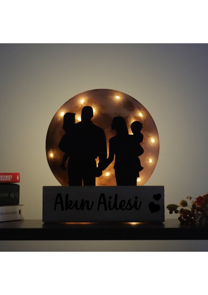 Işıklı Pleksi Dolunay Kişiselleştirilebilir Dekoratif Biblo Family 4 Kişilik Aile Anahtar Askılığı