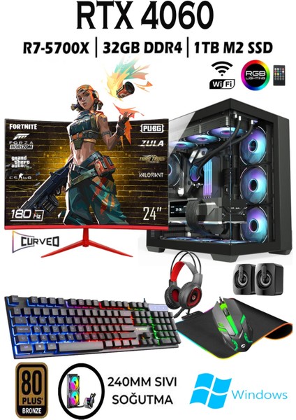 TC82 Ryzen 7 5700X 32GB 1tb M.2 SSD RTX4060 8gb 24'' 180Hz Sıvı Soğutma Masaüstü Oyuncu Bilgisayarı